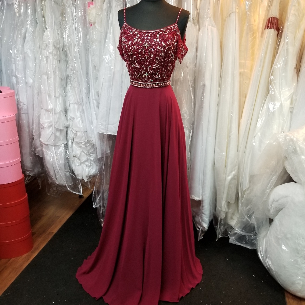 Burgundy Beaded Chiffon Gown